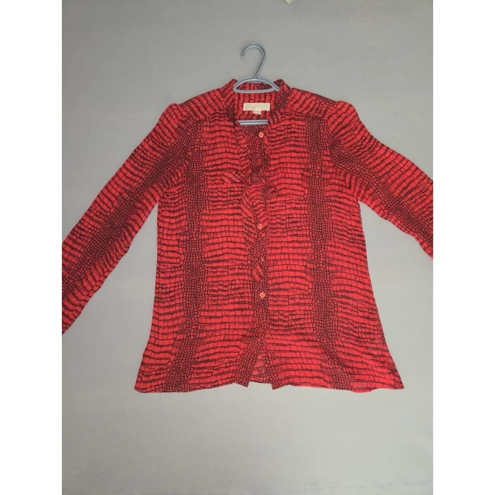 ​MICHAEL KORS Red Black Crocodile Print Blouse Women's Size Small S Long Sleeve